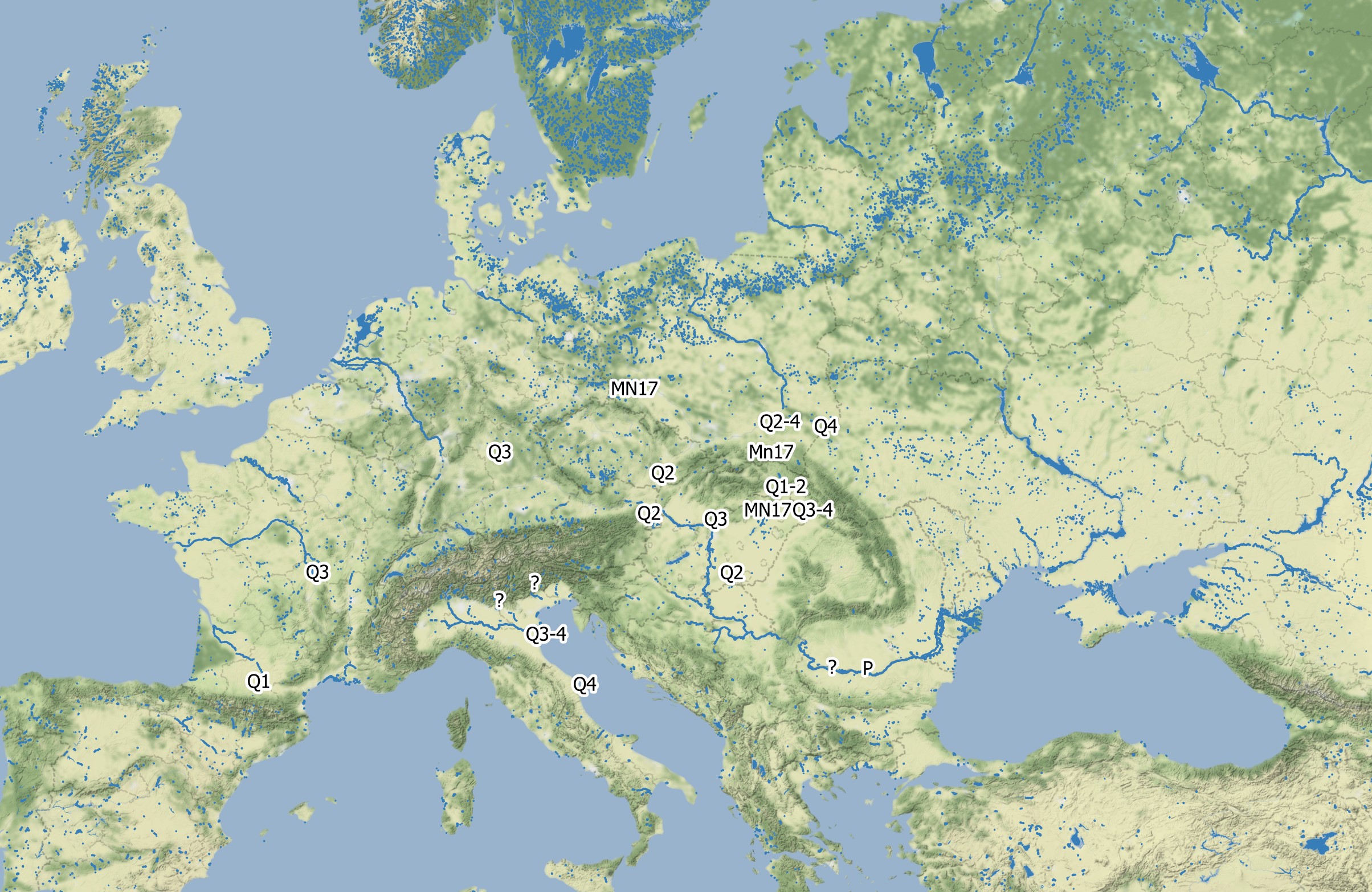 Fossiele waarnemingen van de meervleermuis (sl.) in Europa. Mammal Neogene (MN), Quaternary epoch, Middle Pleistocene Q2, Late Pleistocene Q3, Holocene Q4) en Postglacial (P)