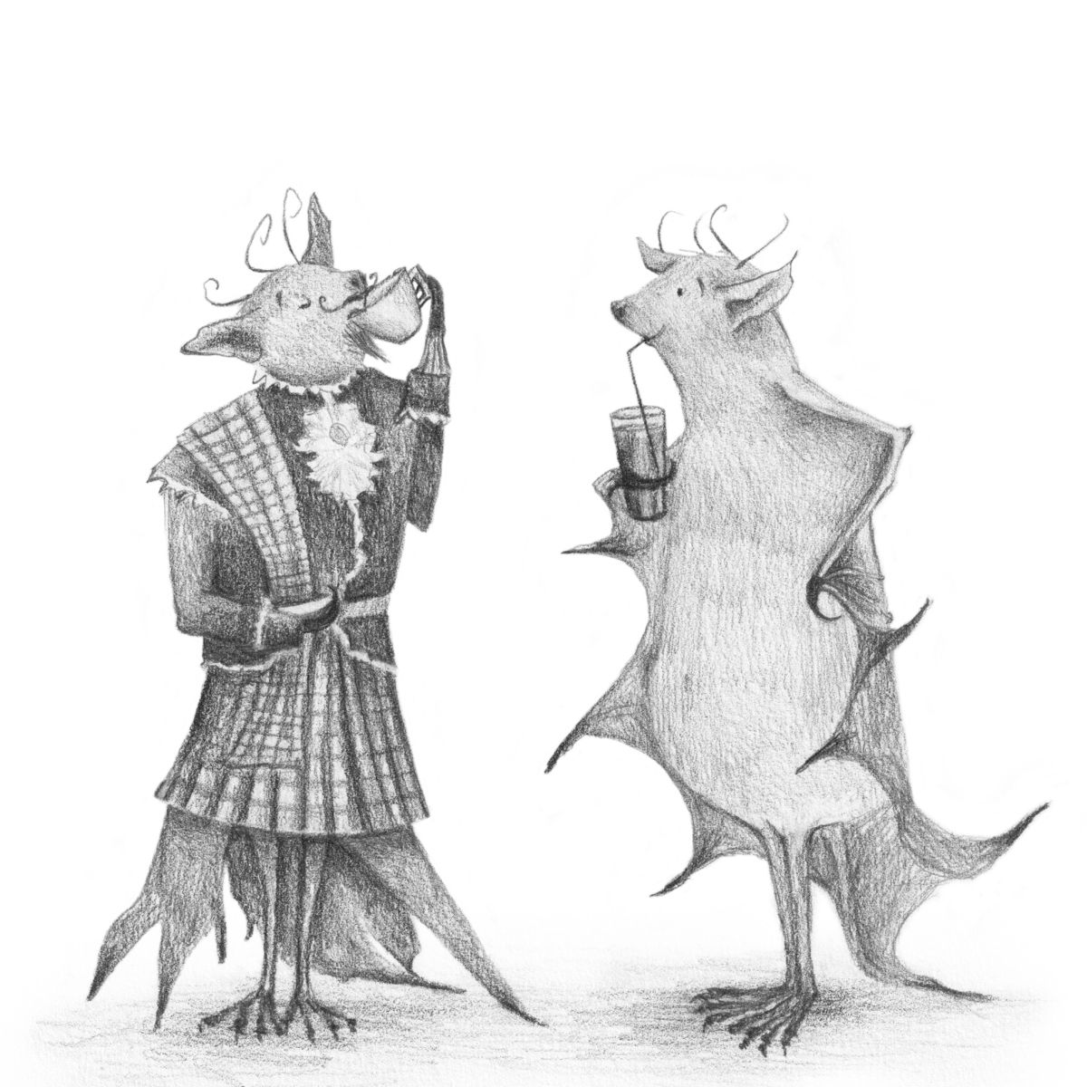 vleermuis in engels costuum en gewone meervleermuis drinken samen